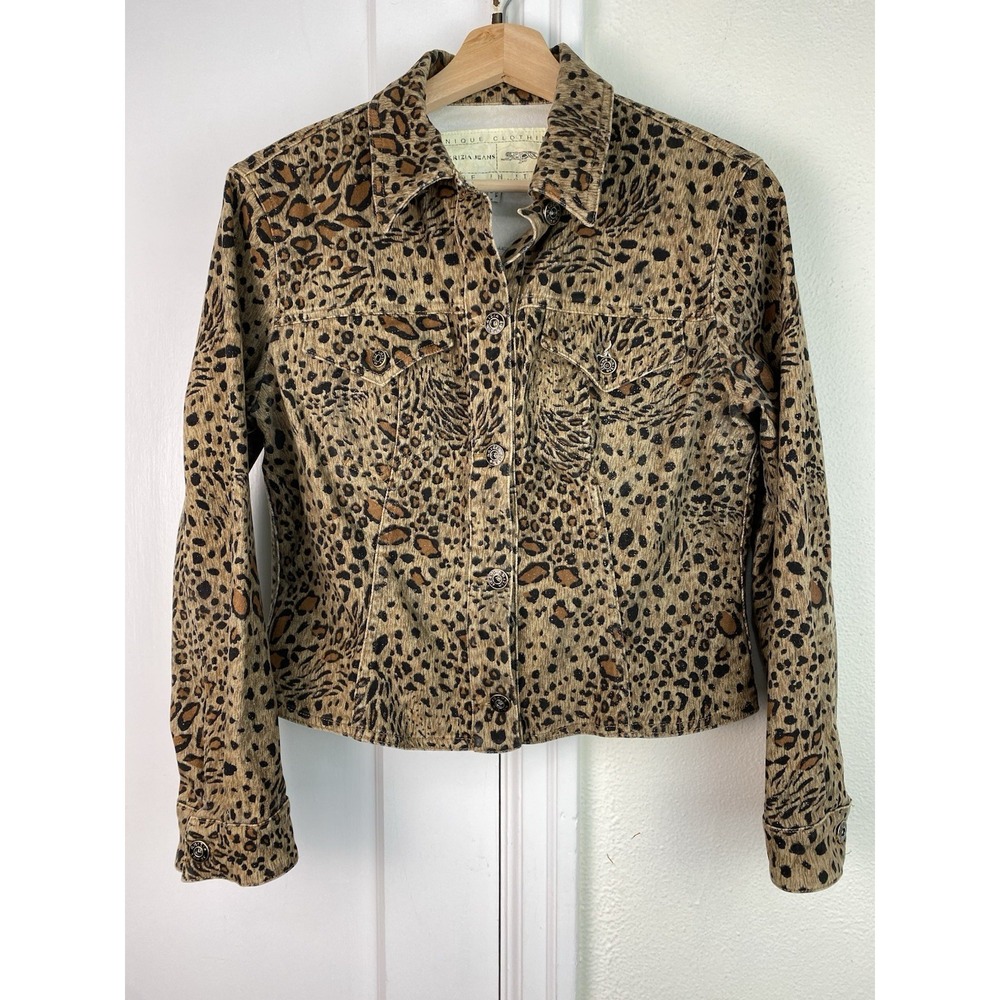 Krizia Jeans Womens 8 Brown Black Gold Sparkle Animal Print Trucker Jacket Italy